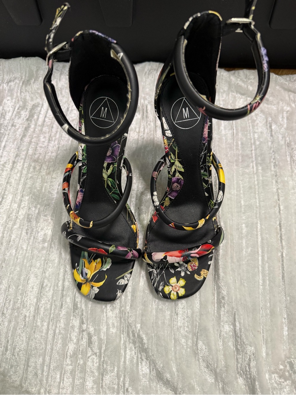 Floral Black Strappy Heeled Sandals - Women's